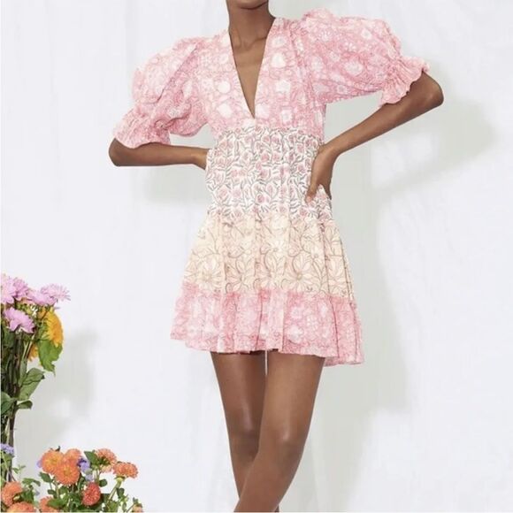 SAYLOR Dresses & Skirts - NEW SAYLOR Mini Dress Sz L Leigha Puff Sleeve Floral Boho Pink Baby Doll Garden